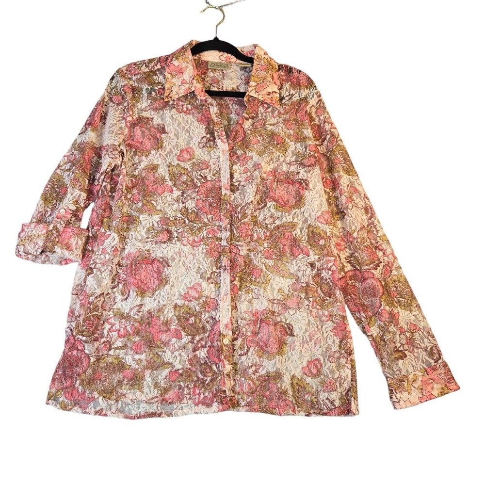 Art and Soul Button Up Shirt Women L Floral Lace Sheer Pink Boho Feminine Office
